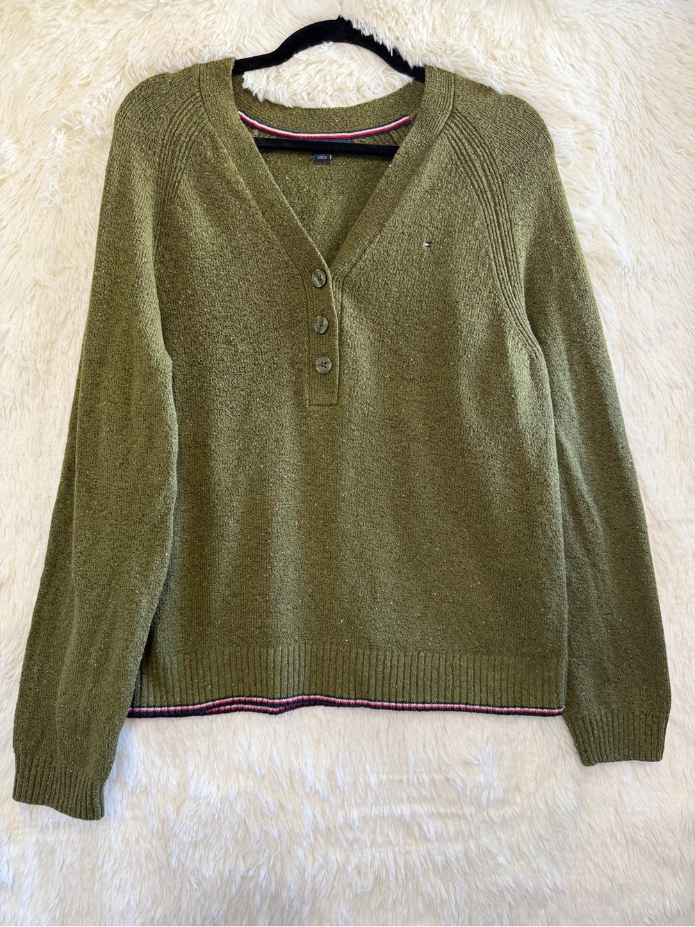 Tommy Hilfiger Womens Preppy Button Placket Sweater Size L Olive Green Cabincore